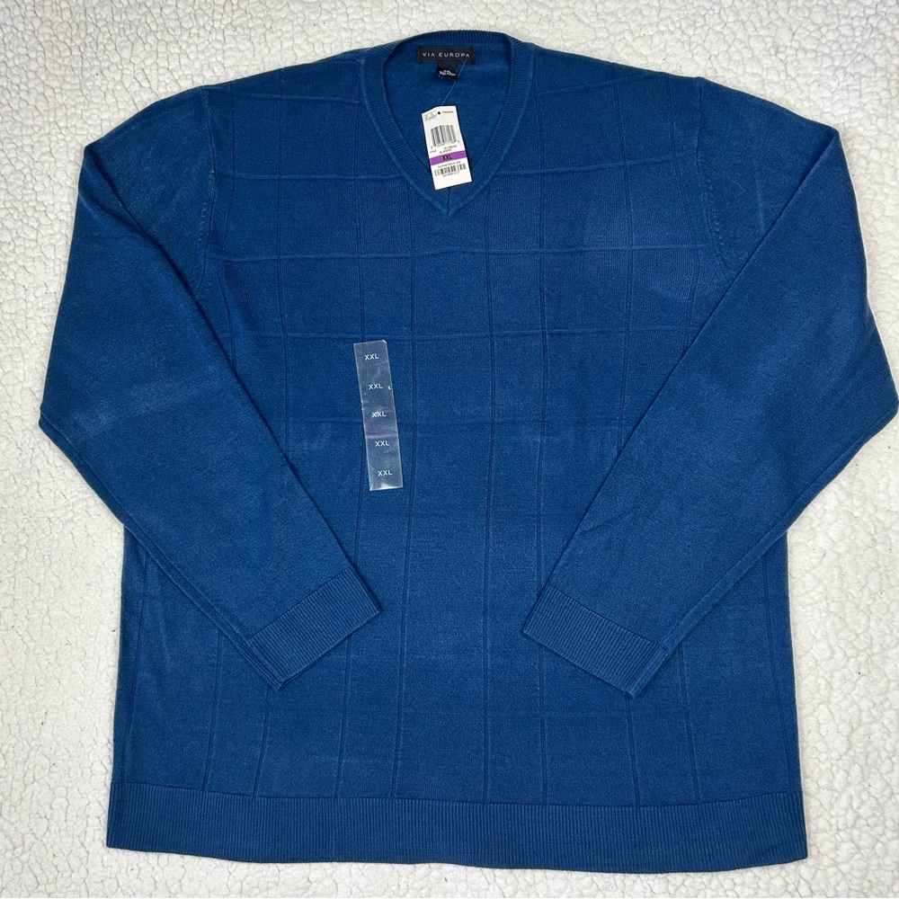 VIA EUROPA V-Neck Sweater Men's Size XXL Blue Long Sleeve Acrylic Sweater NWT